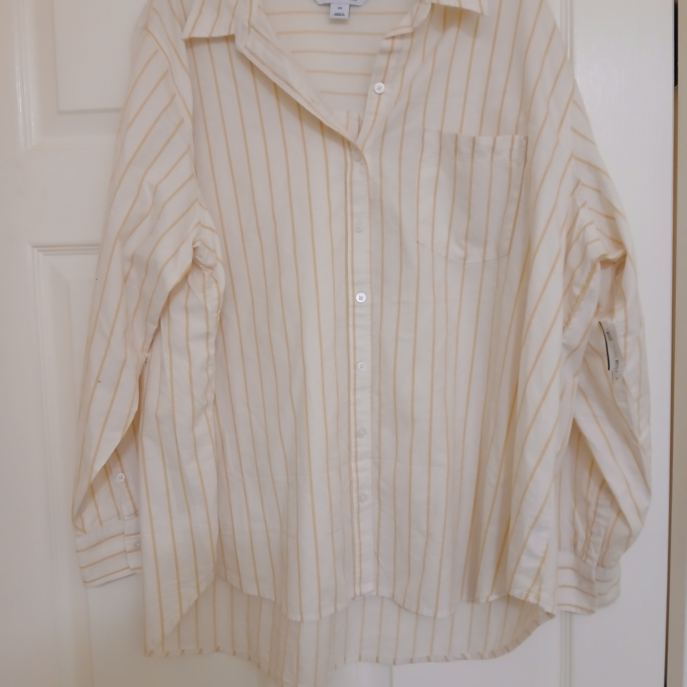 Old Navy Yellow And White Striped Cotton Button Down Shirt